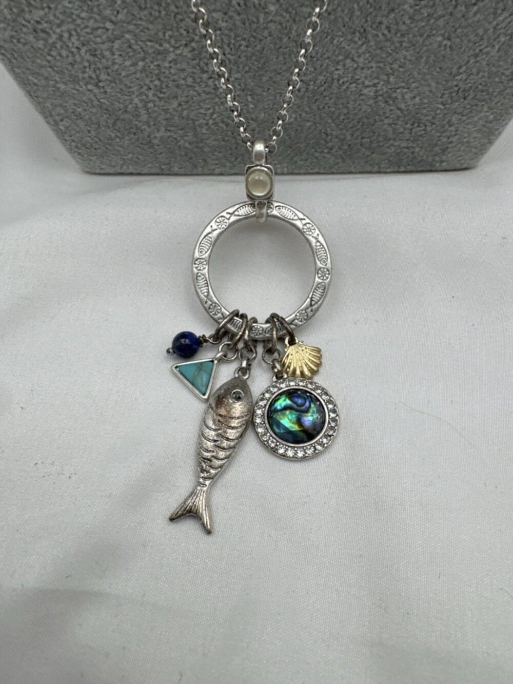 Lucky Brand Silver Tone Charm Necklace Fish Shell Abalone Boho Look Pendant - Picture 7 of 14